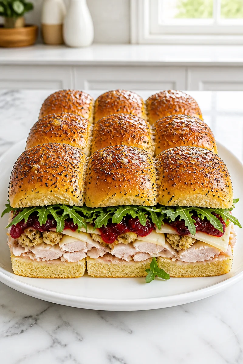 Thanksgiving leftover turkey sliders served on a festive table.