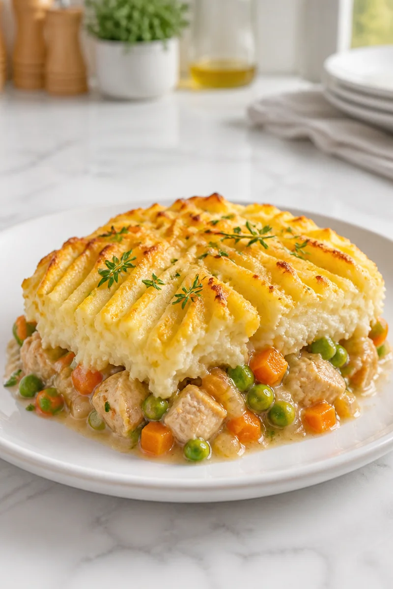 Thanksgiving Turkey Shepherd's Pie Bake with flavorful turkey and veggies