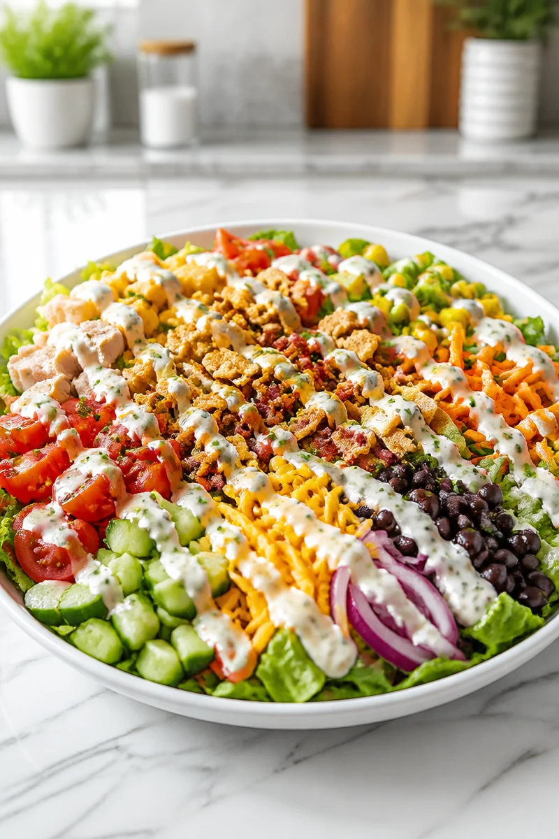 Turkey Ranch Salad with chopped turkey, fresh vegetables, and ranch dressing