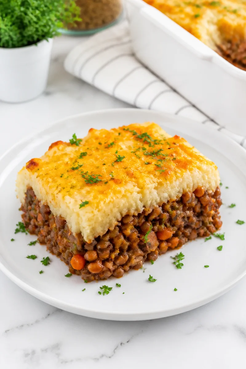Vegetarian Shepherd's Pie with lentils and mushrooms, served in a dish.