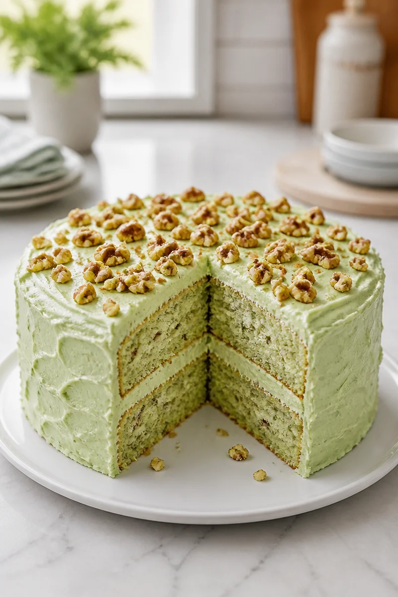 Vintage Watergate Cake featuring pistachio pudding and creamy frosting.