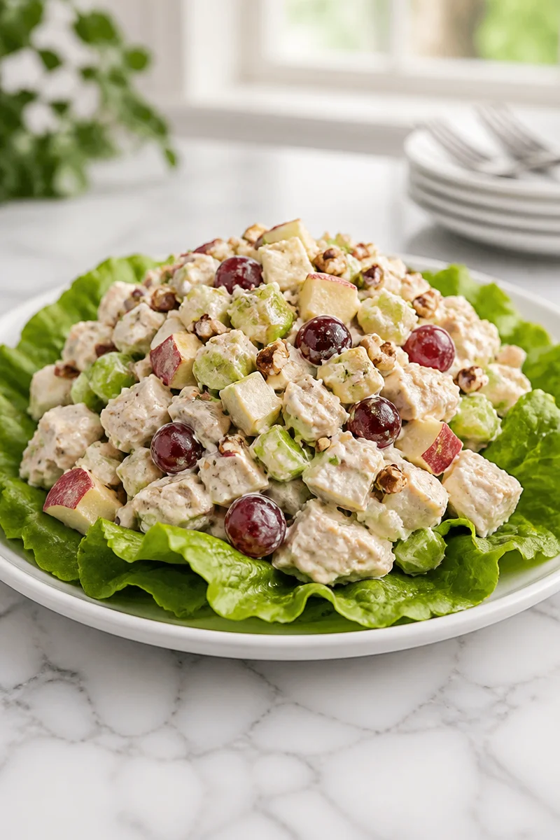 Waldorf Chicken Salad with apple and pecan served in a bowl