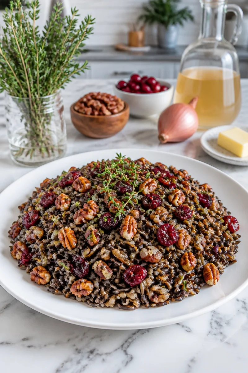 Wild rice pilaf with cranberries and pecans served in a bowl