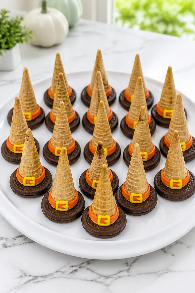 Witch Hat Chocolate Cookie Cones, spooky dessert for Halloween