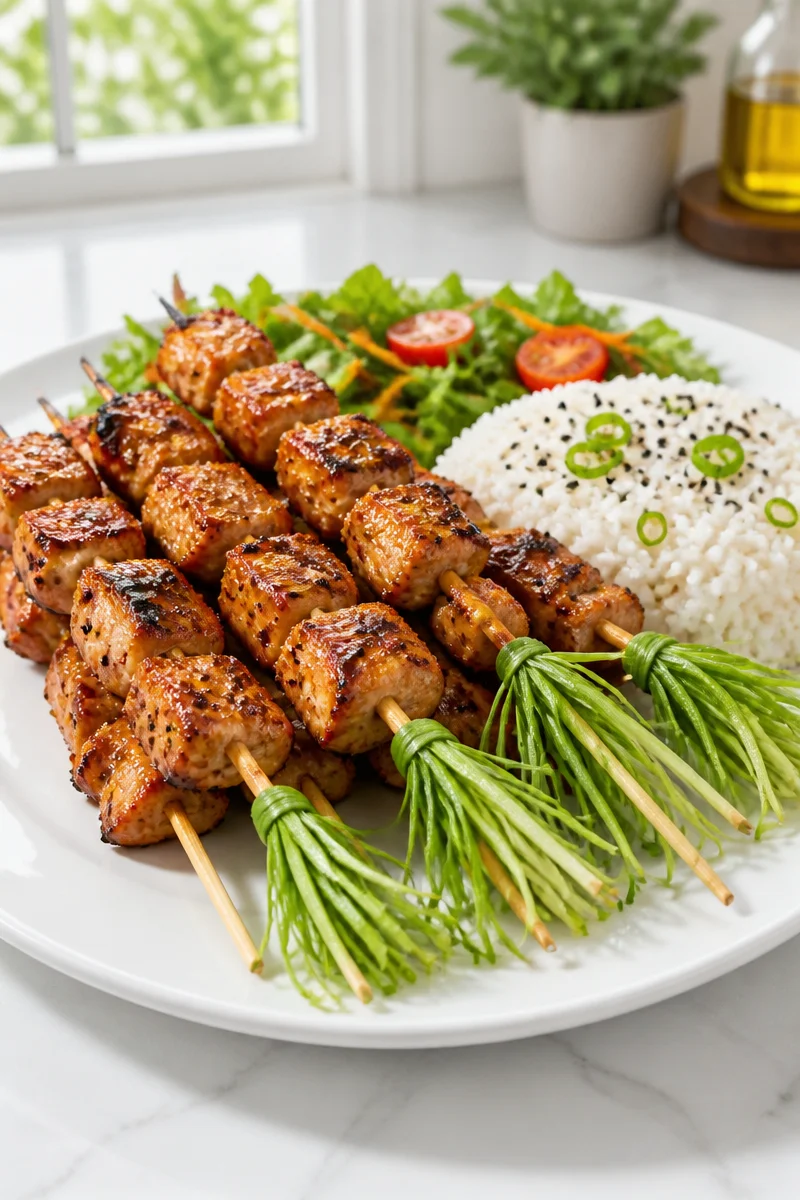 Witch's broomstick chicken skewer dinner, ideal for Halloween themed meals.