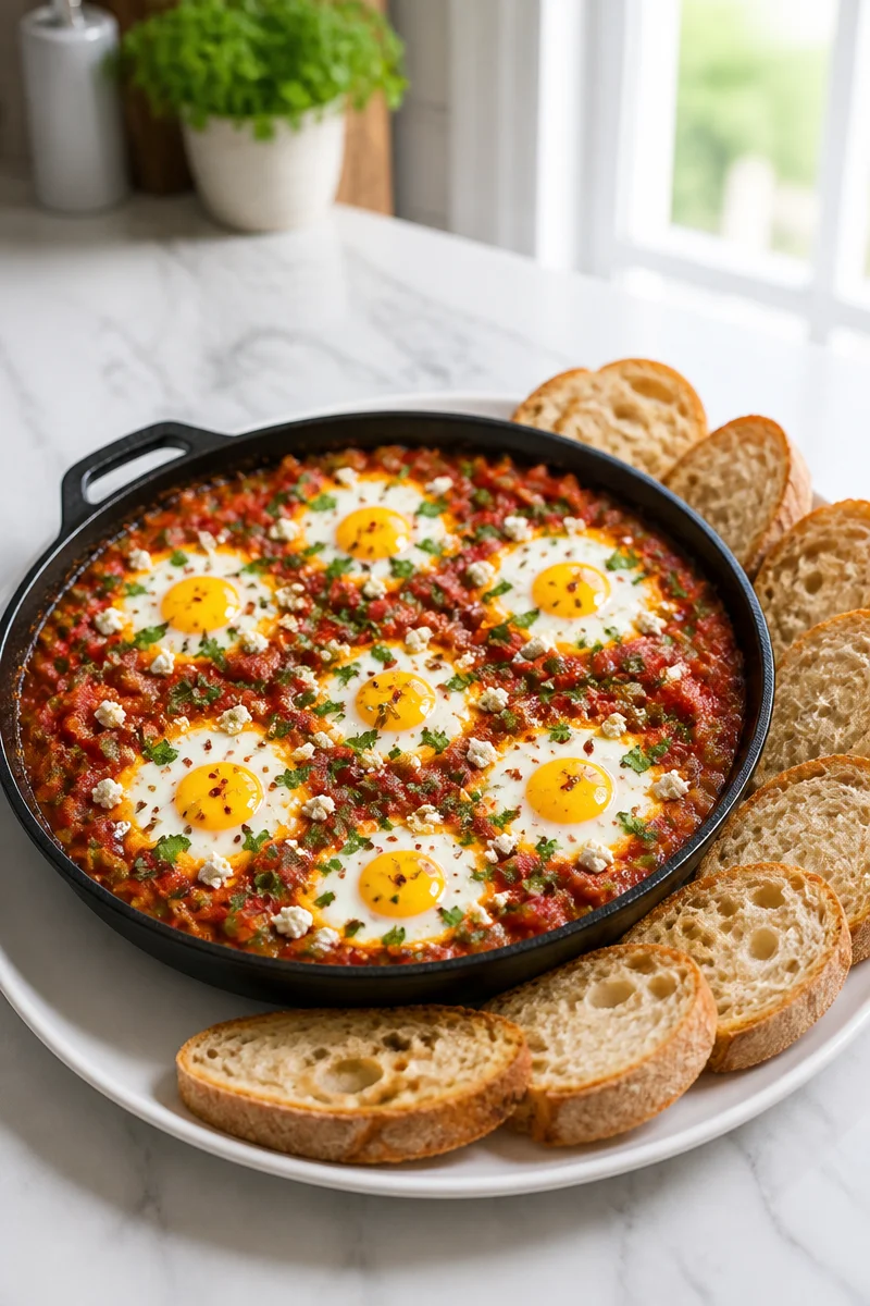 Delicious shakshuka skillet breakfast with eggs and spices for World Egg Day