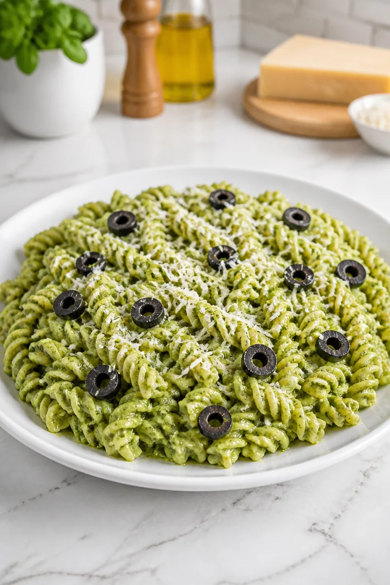 Zombie Green Halloween Pesto Pasta served in a spooky dish