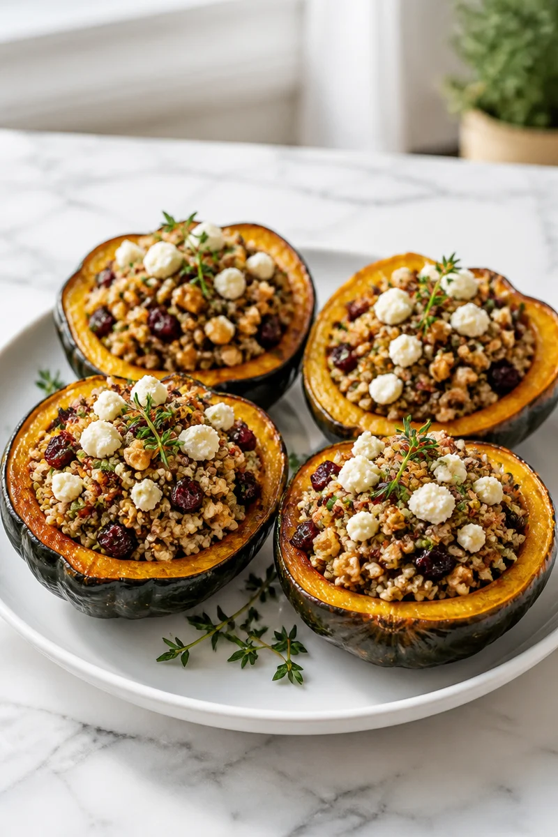 Baked acorn squash stuffed with walnuts and herbs, served on a plate.