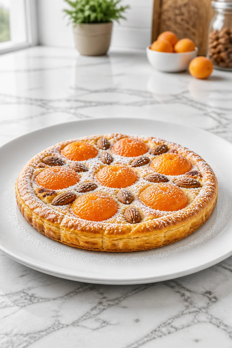 Almond Apricot Tart with Frangipane, showcasing a golden crust and vibrant apricot filling.