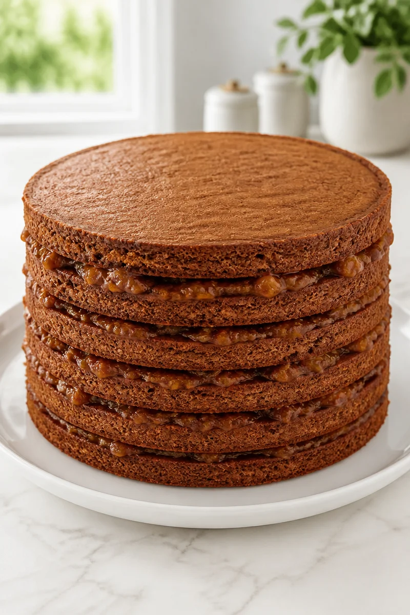 Slice of traditional Appalachian Dried Apple Stack Cake on wooden table