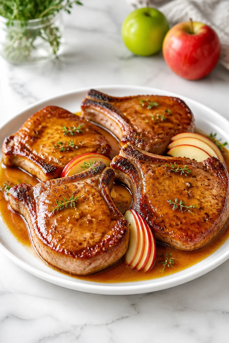 Apple cider glazed pork chop served with sides on a rustic plate