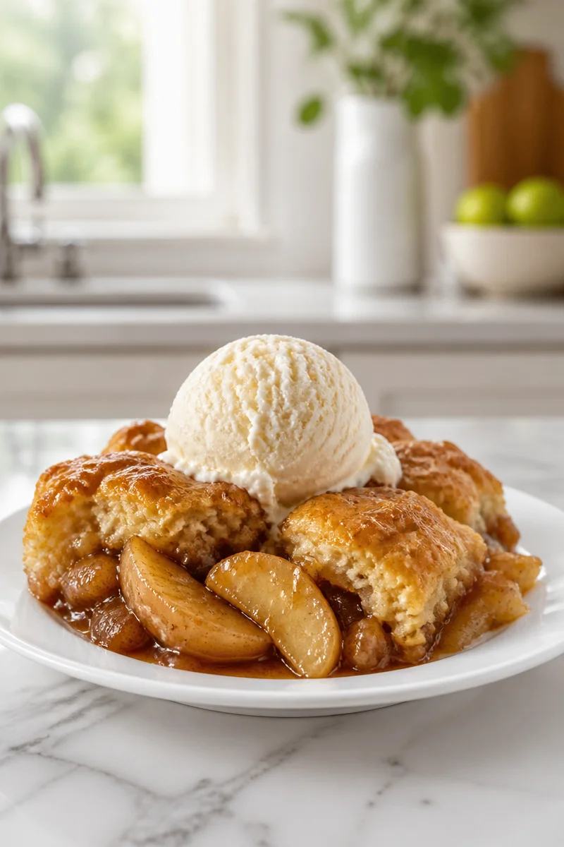 Delicious apple cobbler topped with fluffy drop biscuits