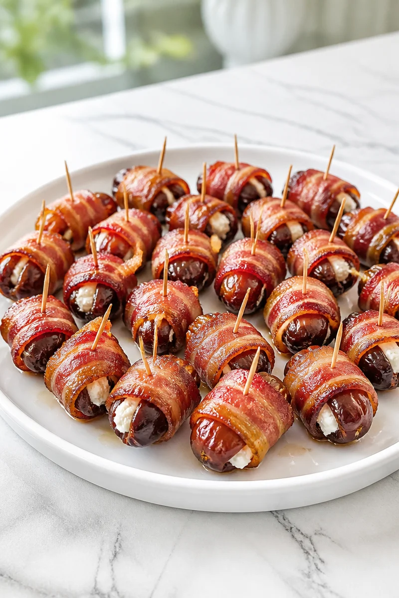 Bacon wrapped dates stuffed with creamy cheese and herbs on a serving platter