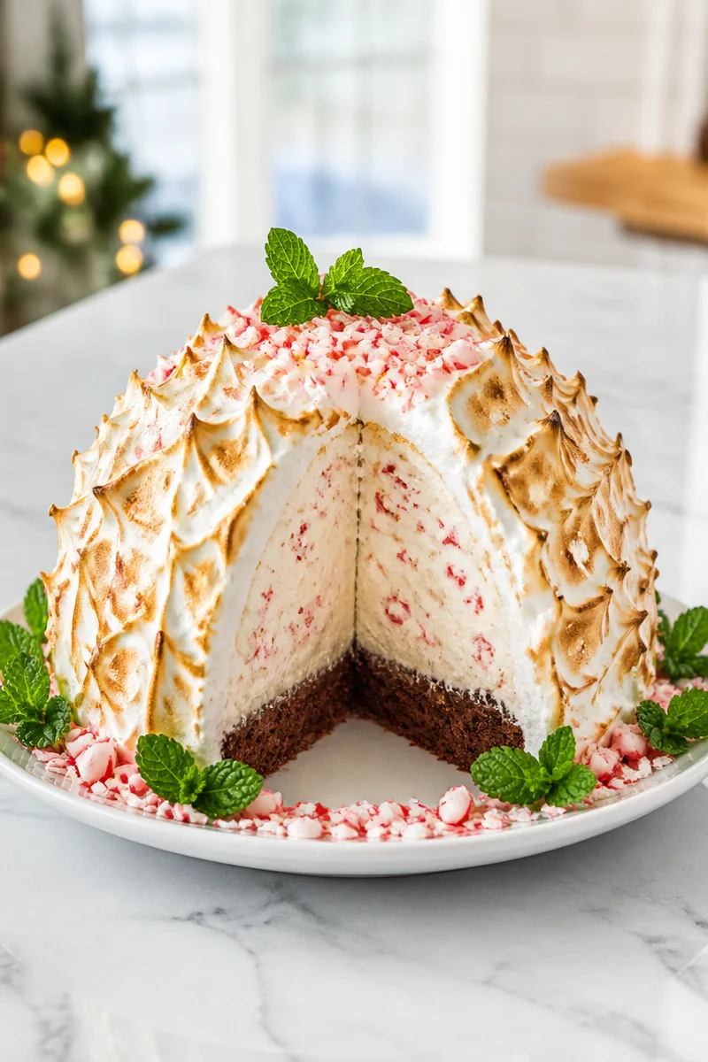 Baked Alaska Christmas dessert dome with layers of cake and ice cream