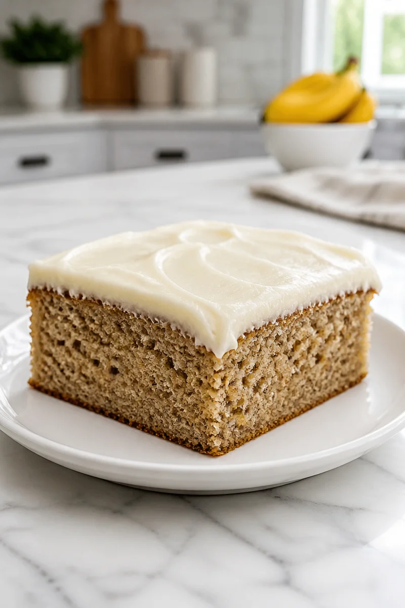 Moist banana cake with cream cheese frosting on a white plate