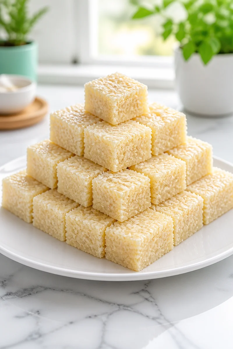 Delicious Brazilian Cocada coconut candy squares on a wooden platter