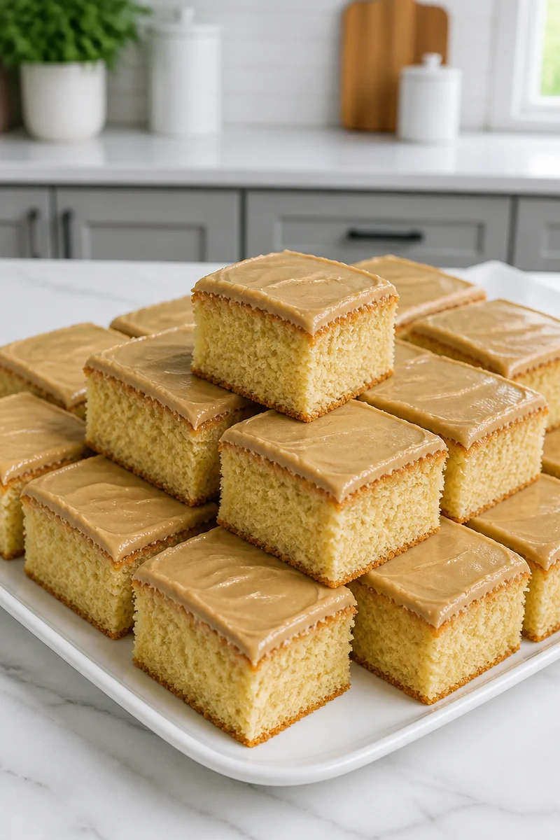 Brown Sugar Iced Hot Milk Cake with creamy icing on top