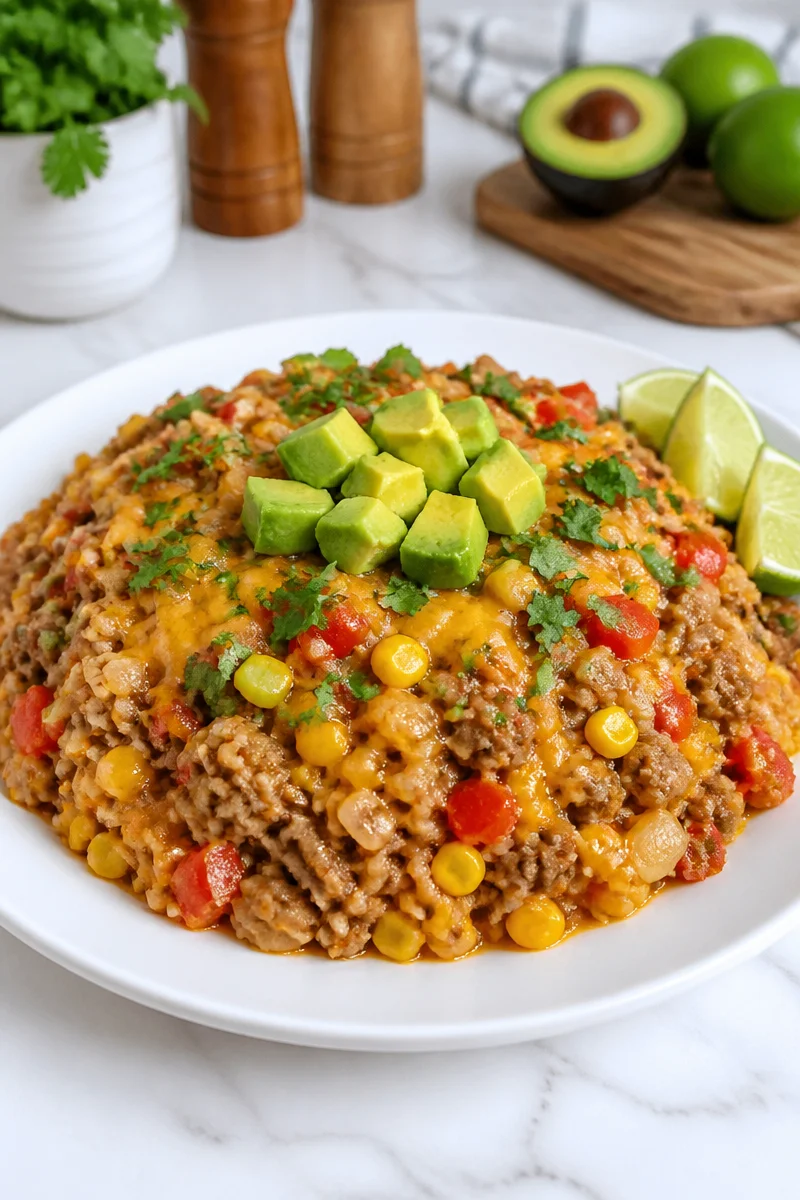 Delicious budget ground turkey skillet dinner served with vegetables on a plate