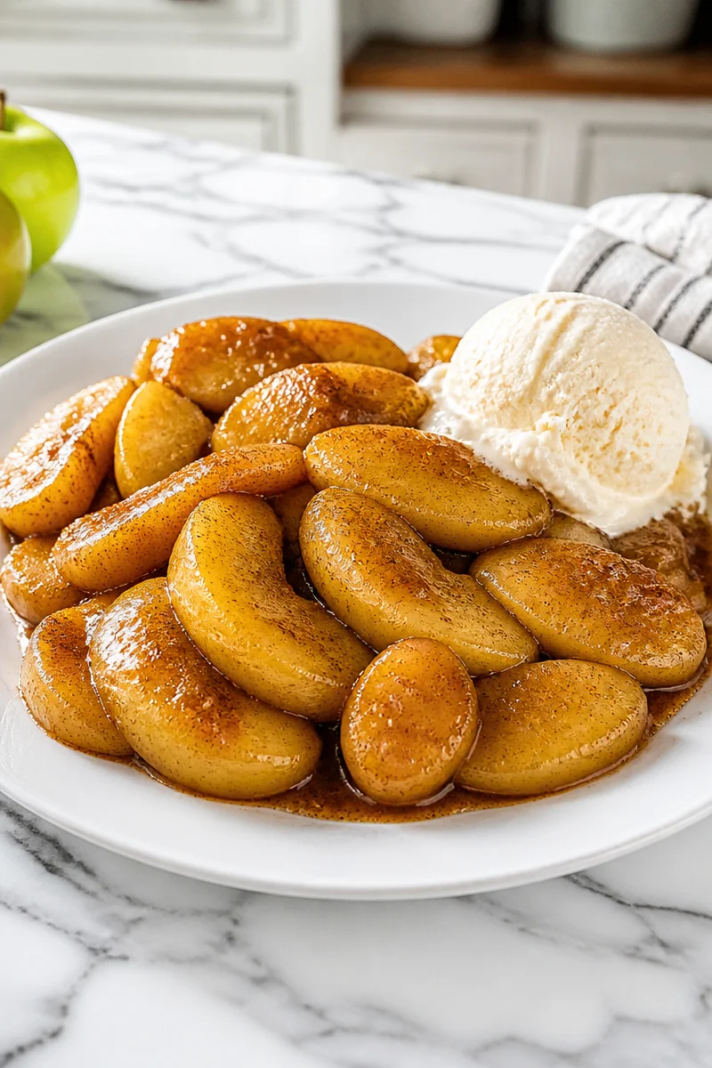 Buttery cinnamon skillet fried apples in a frying pan