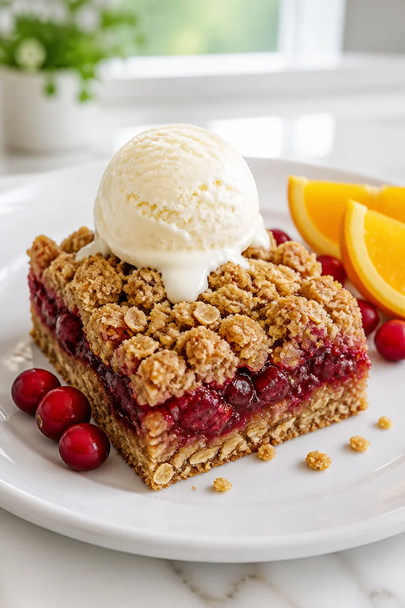 Buttery Cranberry Orange Streusel Bar with vibrant cranberries and orange zest