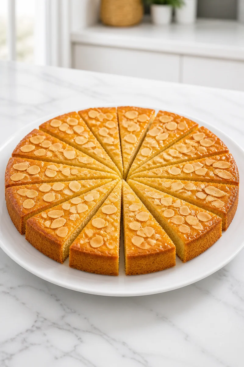 Buttery Dutch boterkoek cake topped with almonds, showcasing its rich texture.