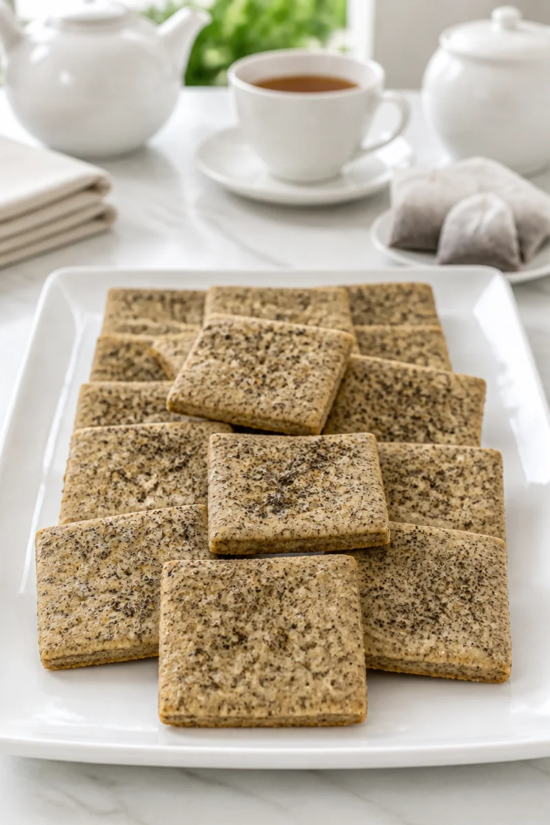 Buttery Earl Grey shortbread tea cookies on a plate, perfect for tea time.