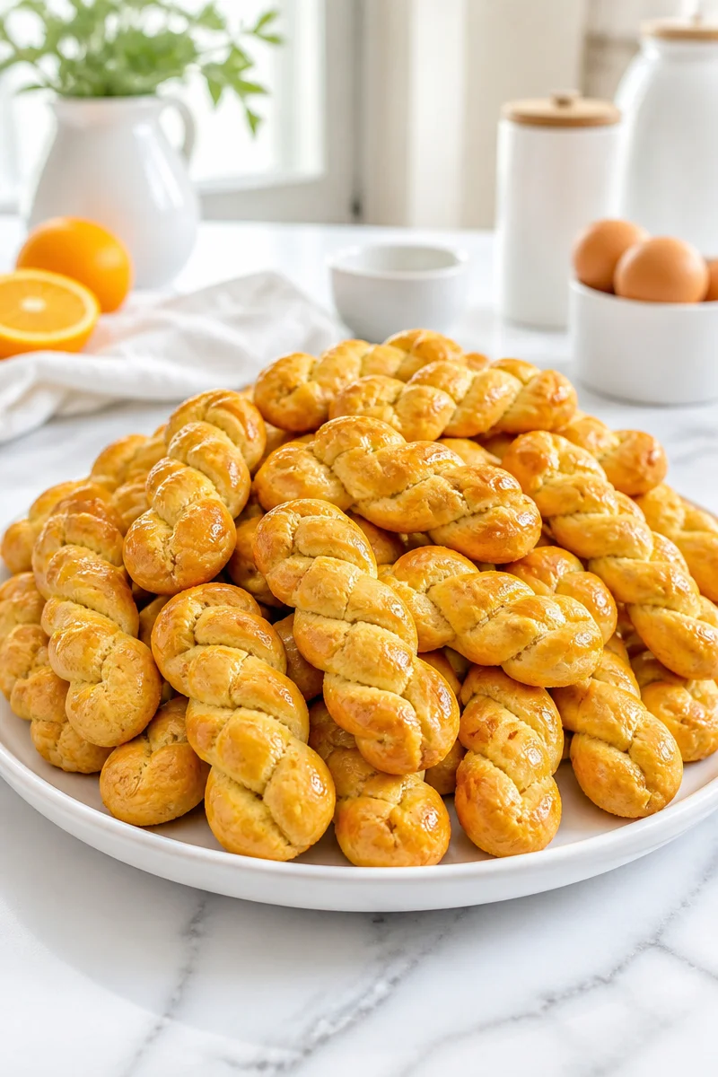 Buttery Greek Koulourakia cookies with orange flavor on a plate