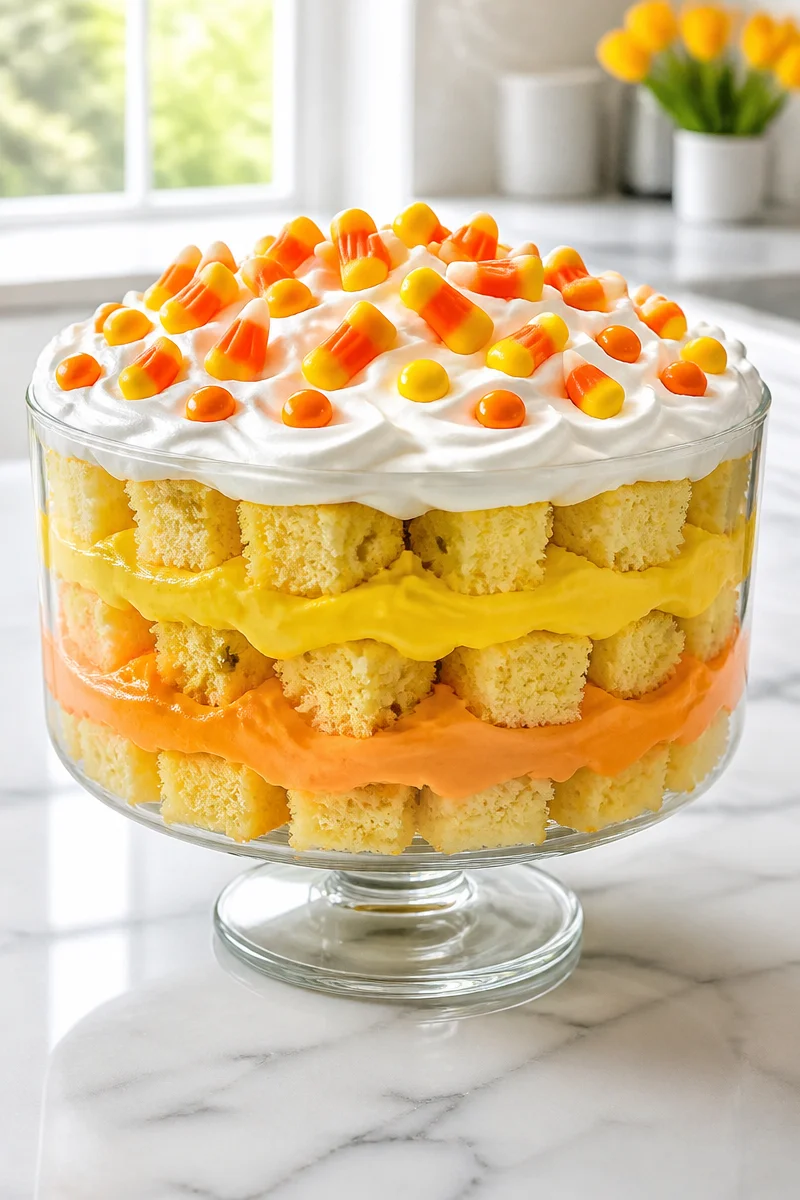 Candy Corn Trifle layered dessert with colorful layers and festive presentation.