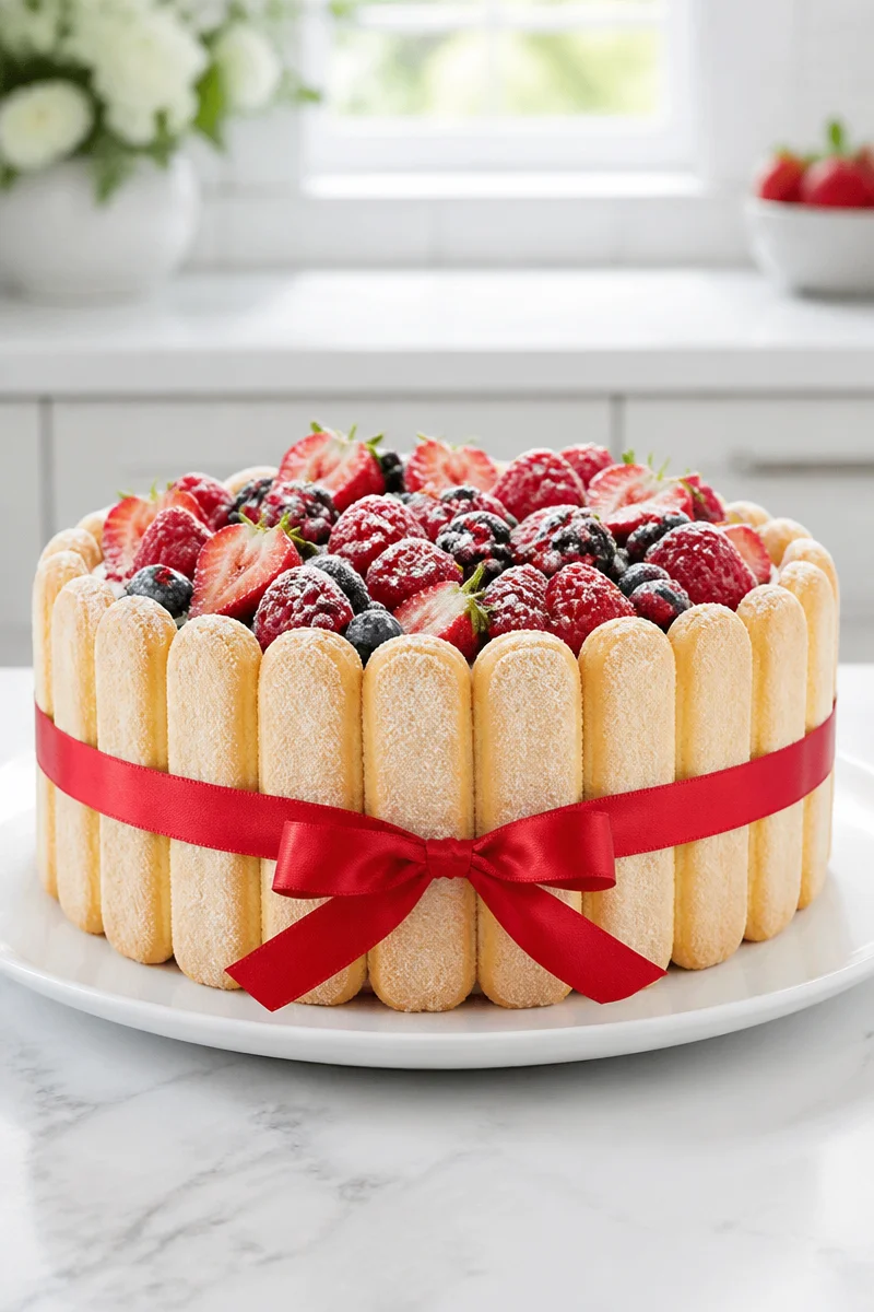 Delicious Charlotte Russe dessert filled with creamy Bavarian cream