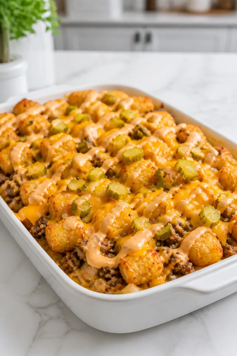 Cheeseburger Tater Tot Casserole Bake with melted cheese and golden tots
