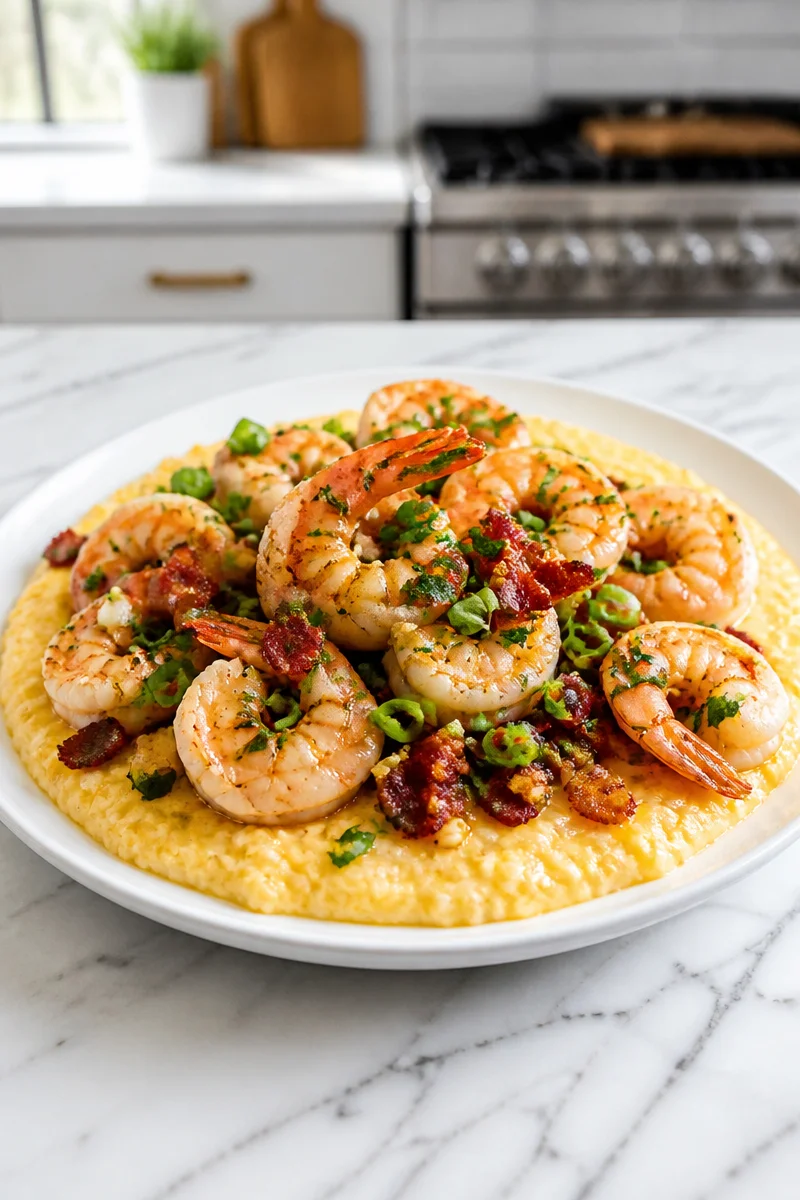 Delicious cheesy bacon shrimp and grits served in a bowl with herbs