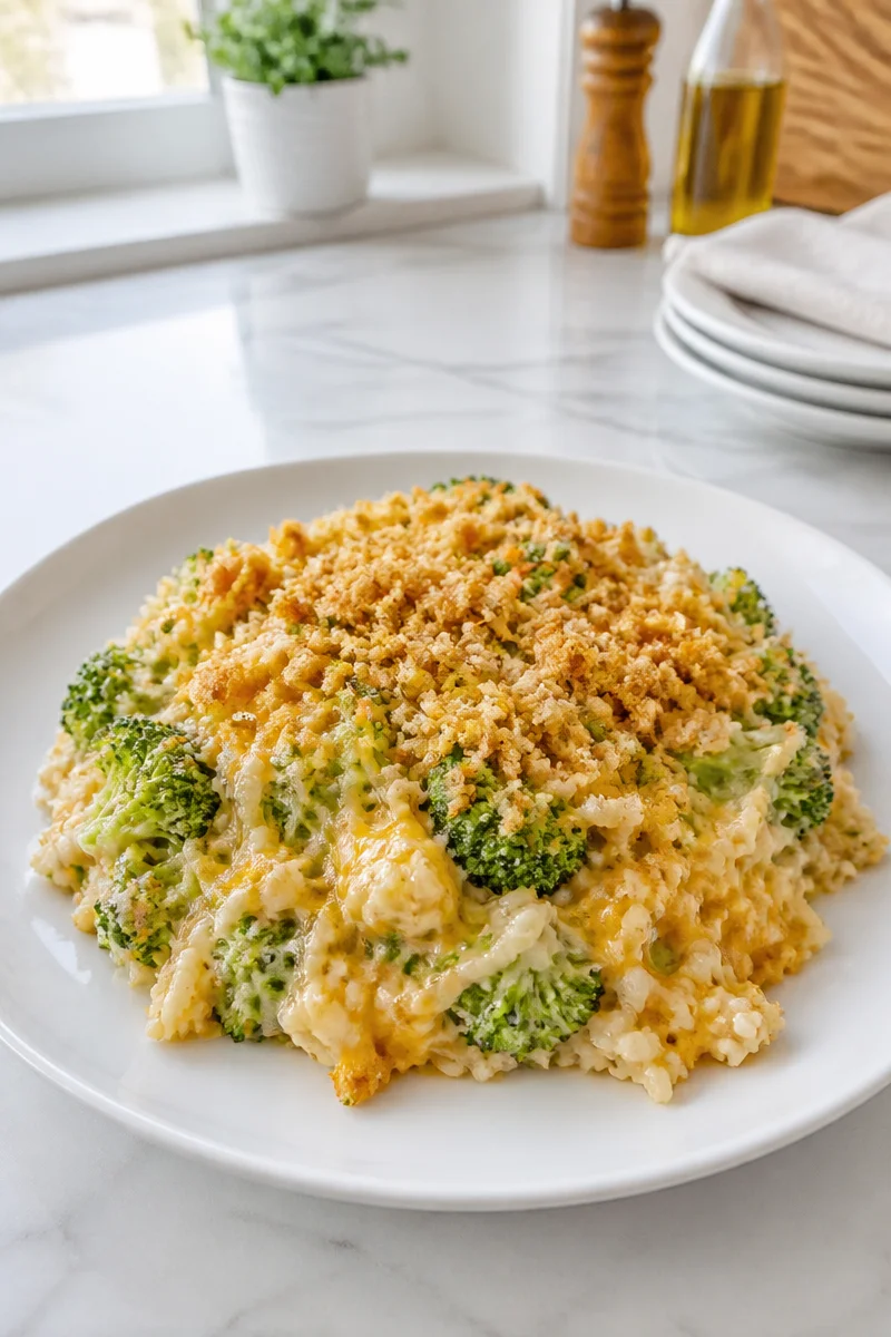 Cheesy broccoli rice casserole topped with melted cheese and baked until golden
