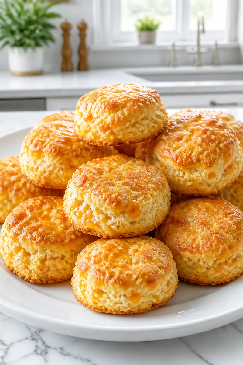 Cheesy cheddar biscuits with buttery tops, fresh from the oven.