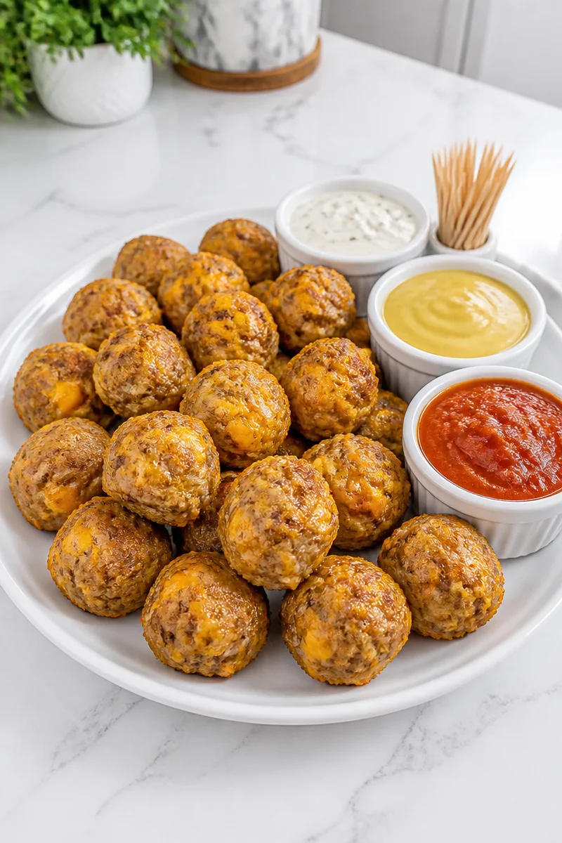Cheesy sausage ball appetizer bite served on a platter