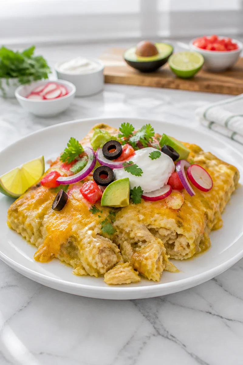 Cheesy sour cream chicken enchilada casserole served in a baking dish