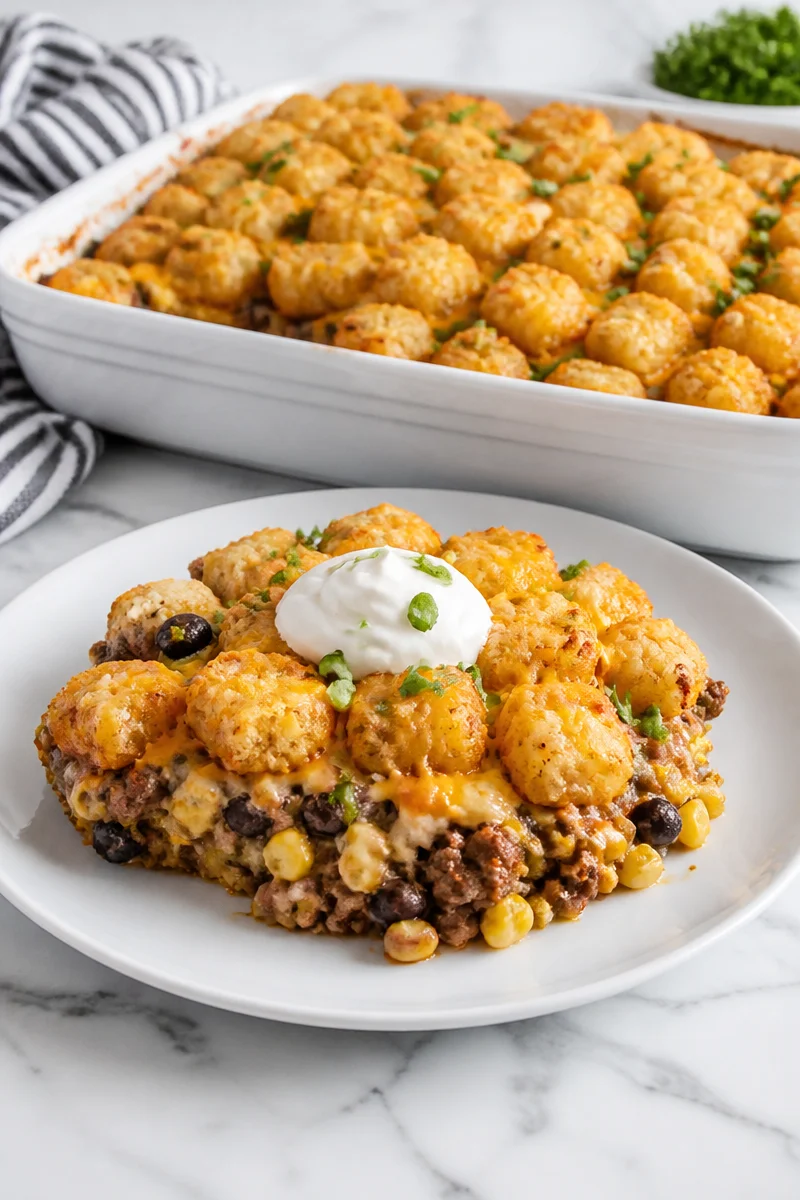 Cheesy Tater Tot Cowboy Casserole topped with melty cheese and crispy tots