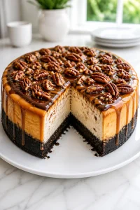 Chocolate Caramel Turtle Cheesecake with Pecans