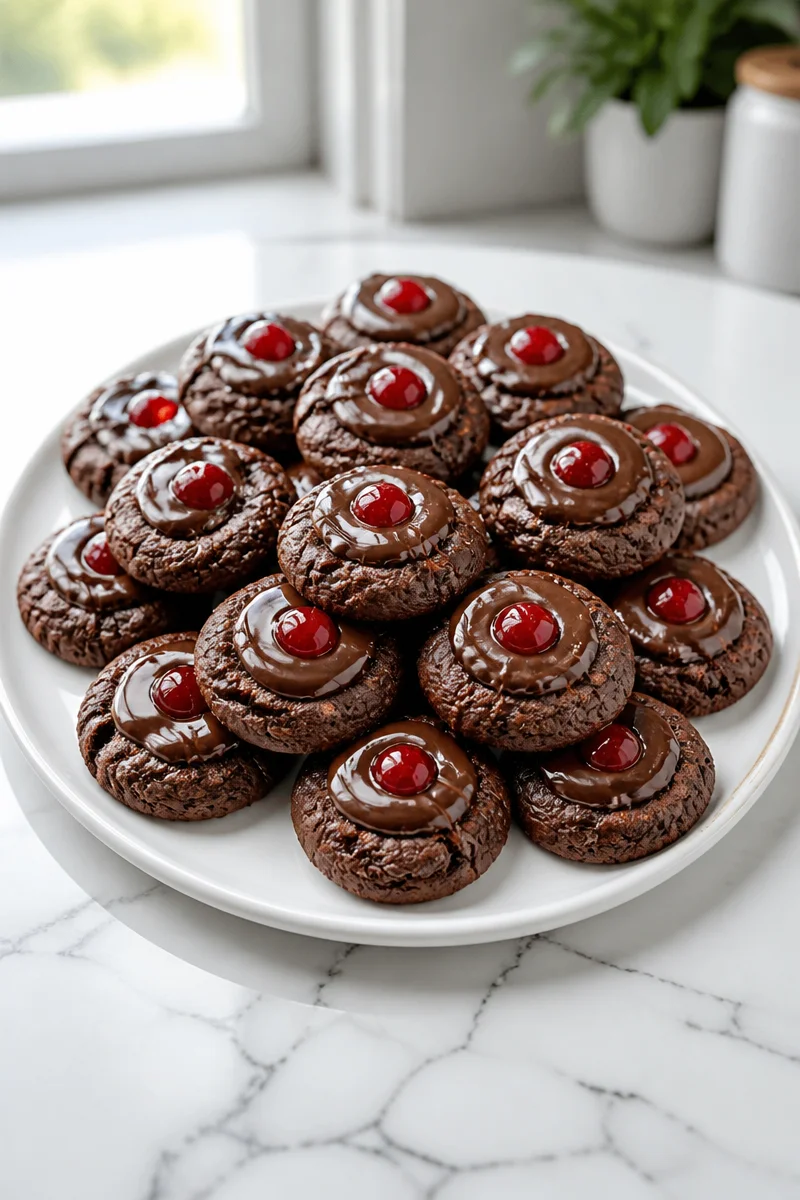 Chocolate covered cherry cookie bite, a tasty dessert with cherry and chocolate.
