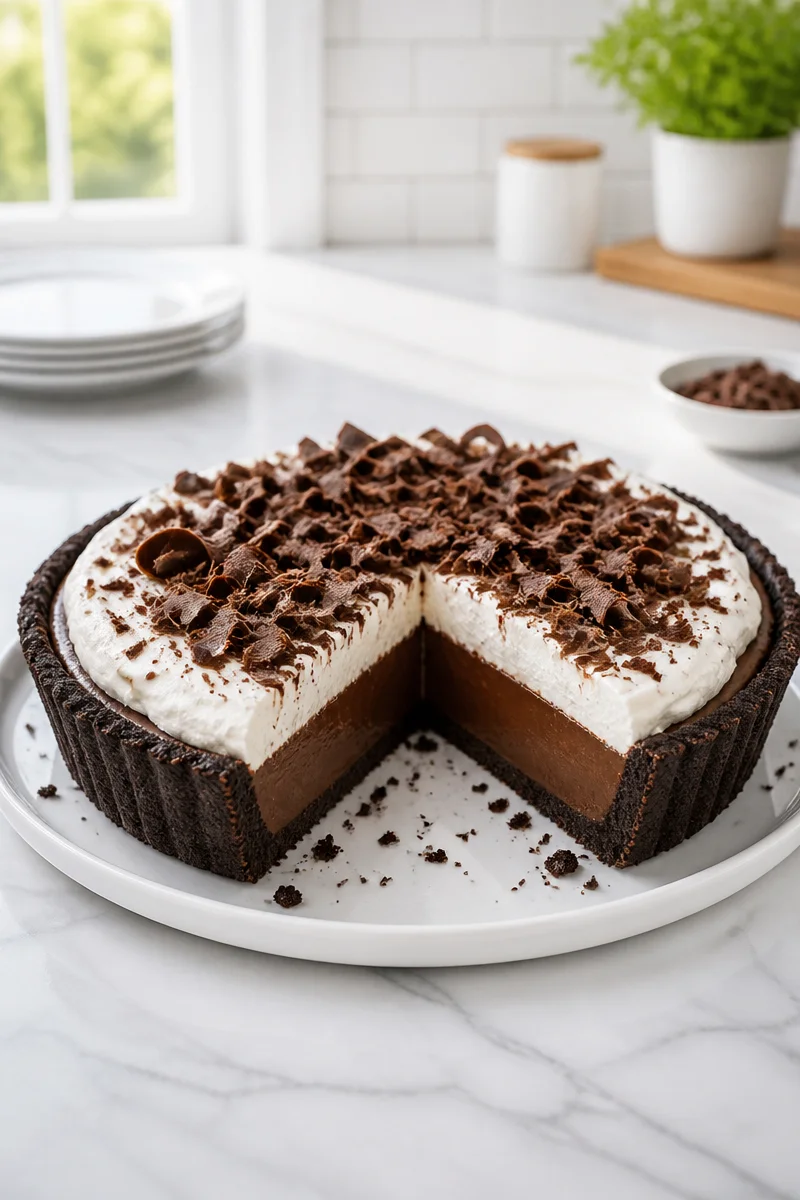 Chocolate Cream Pie topped with whipped cream in an Oreo crust
