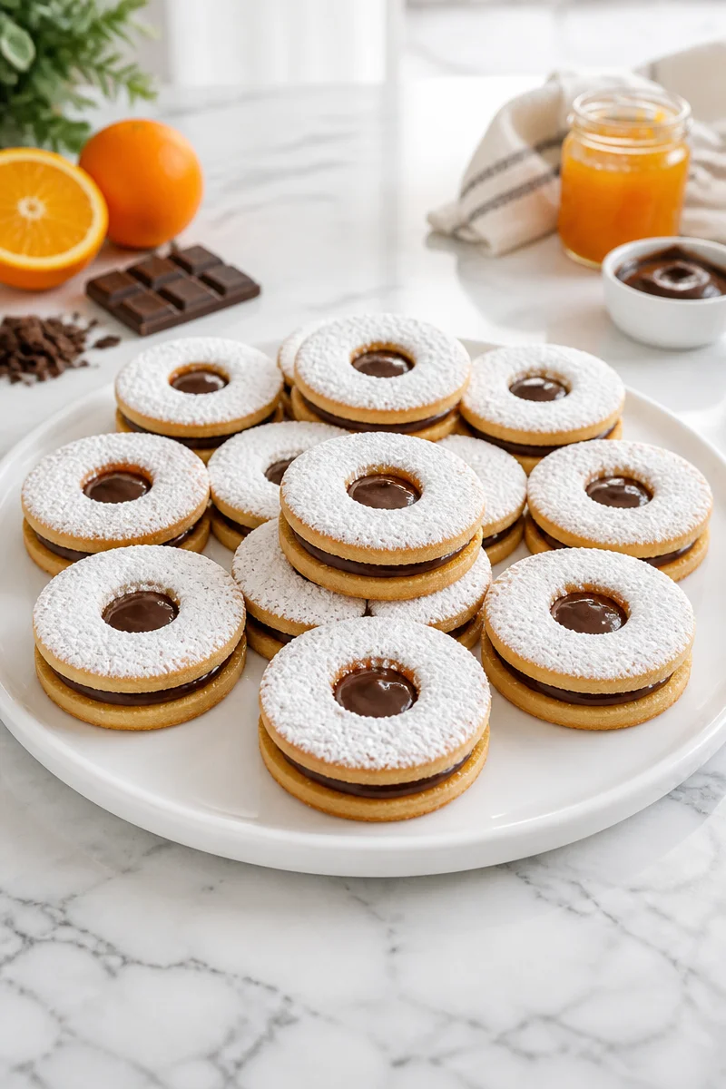 Delicious Chocolate Orange Linzer Cookie Sandwich with a glossy chocolate filling