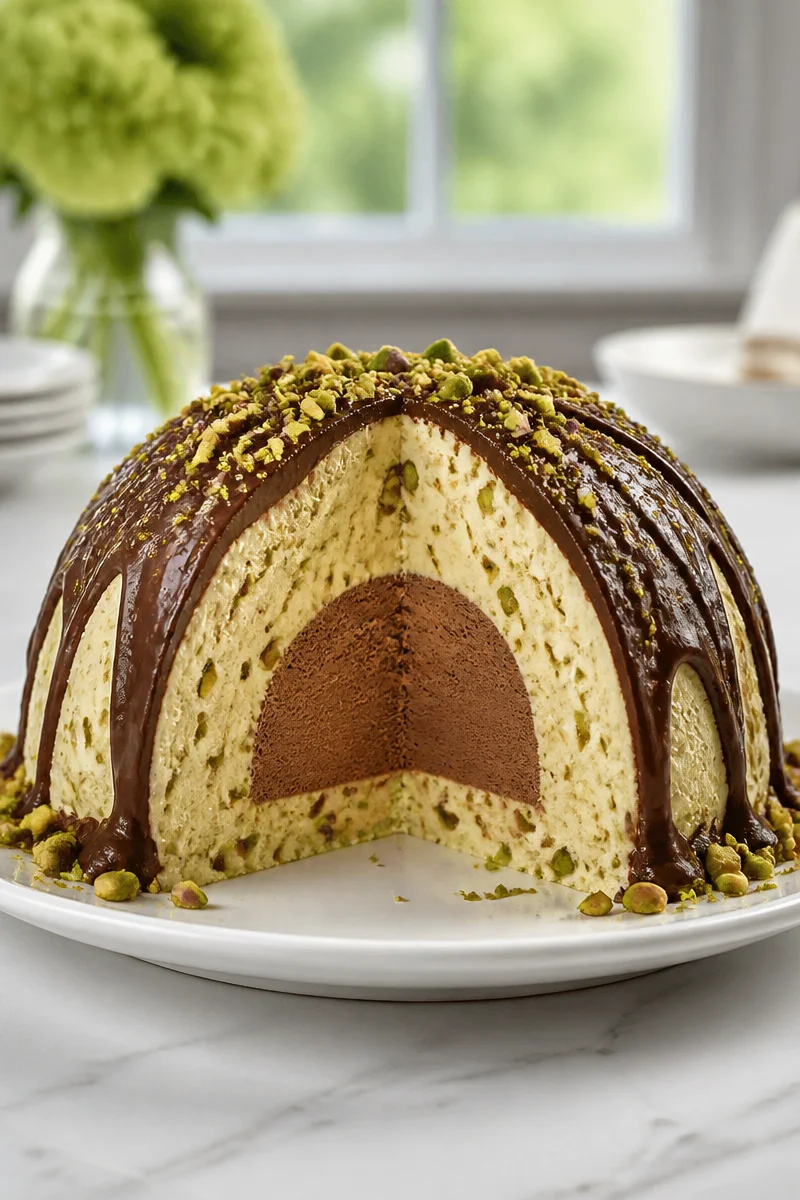 Delicious Chocolate Pistachio Ice Cream Bombe Glacée dessert