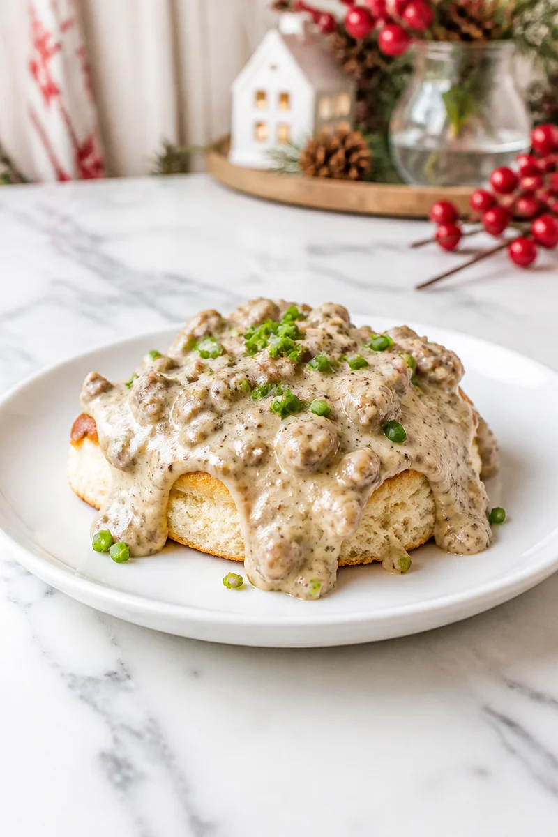Delicious Christmas Morning sausage gravy biscuit on a plate
