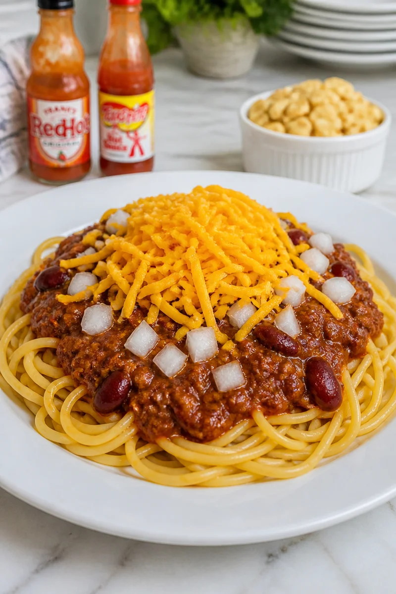 Bowl of Cincinnati Style Chili served over spaghetti topped with shredded cheese
