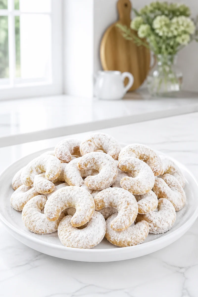 Classic Austrian Vanillekipferl Christmas cookies on a festive plate.