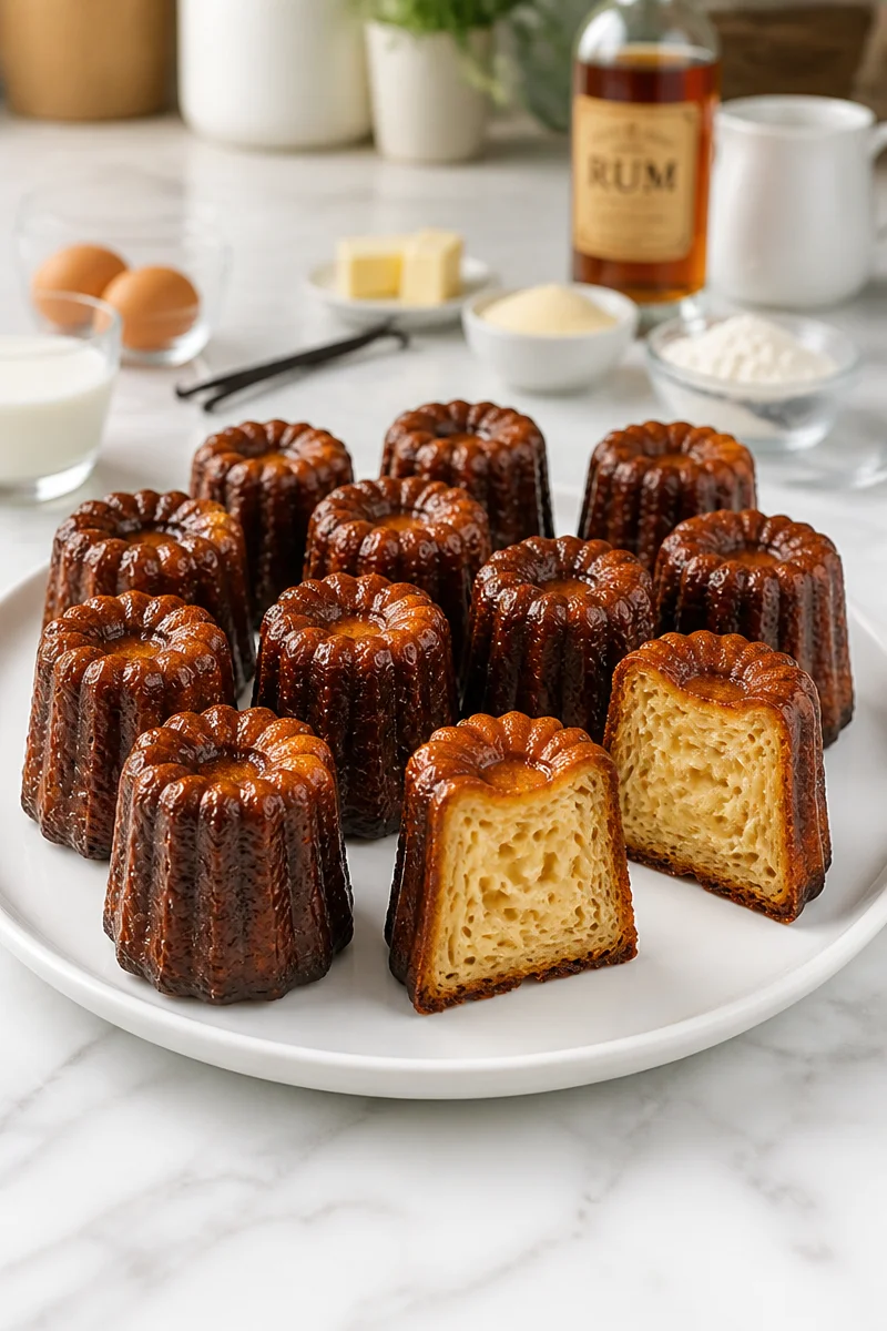 Traditional Canelés de Bordeaux pastries topped with rum glaze