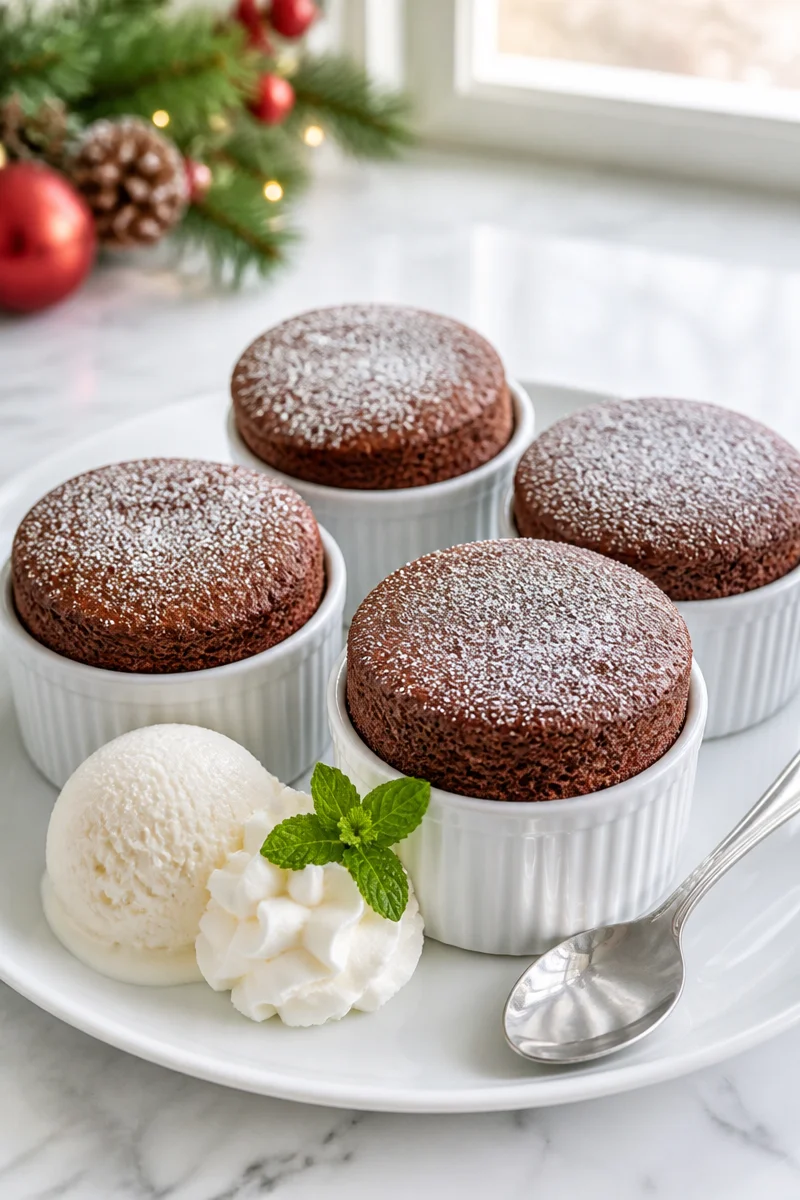 Classic chocolate souffle dessert, puffed and rich, served for holiday celebrations.