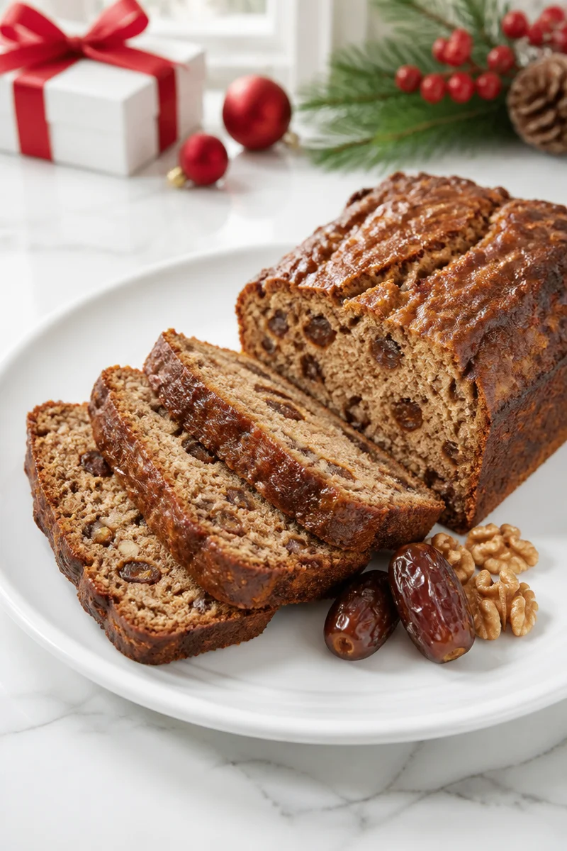 Classic Christmas Date Nut Bread Loaf ready to be sliced and served at holiday gatherings.