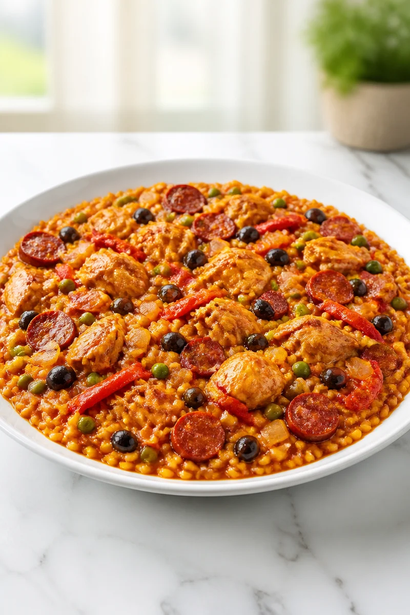 A delicious serving of Classic Christmas Eve Chicken Paella with vibrant ingredients