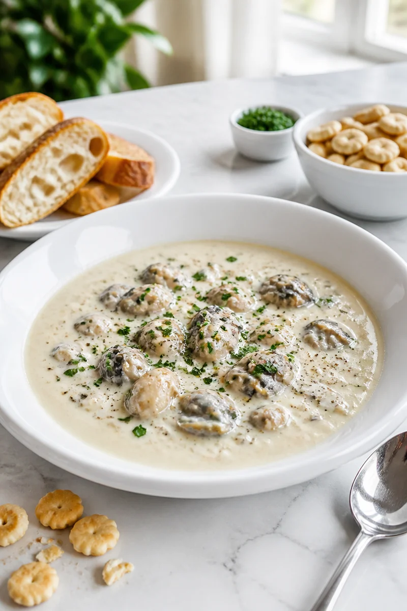 Bowl of Classic Christmas Eve Oyster Stew garnished with herbs