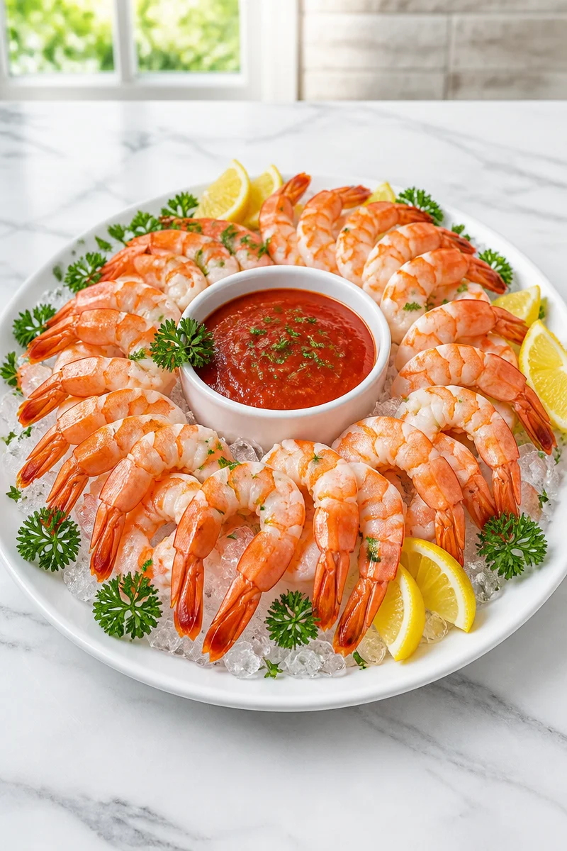 Classic shrimp cocktail platter served for Christmas celebrations